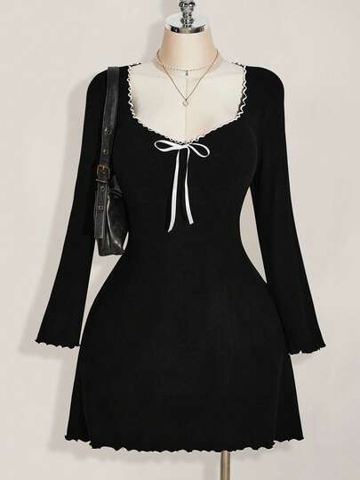 SHEIN ICON Plus Size Keyhole Neck Ruffle Trim Contrast Color Knit Bodycon A-Line Dress, Spring Dress