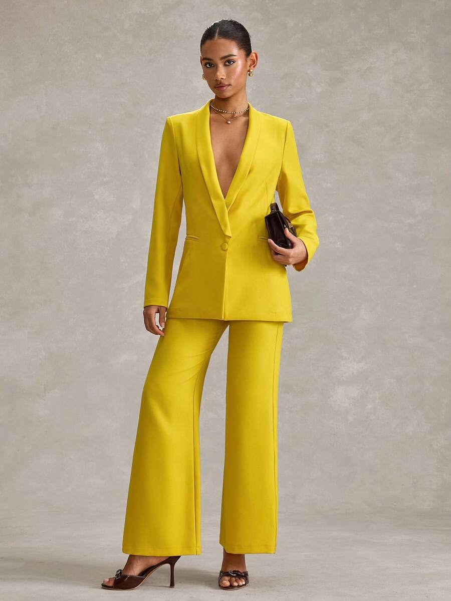 SHEIN Women Blazer And Pant Regular Fit Suit Sets - Yellow - View 1