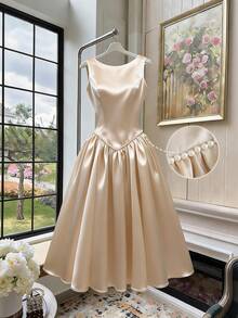 GlowEve Women's Sleeveless Waist-Cinched Pearl Ribbon Decor A-Line Dress, Suitable For Dates, Parties, Outings, Solid Color, Champagne, Lustrous Fabric, Elegant Long Dress - Champagne - View 1