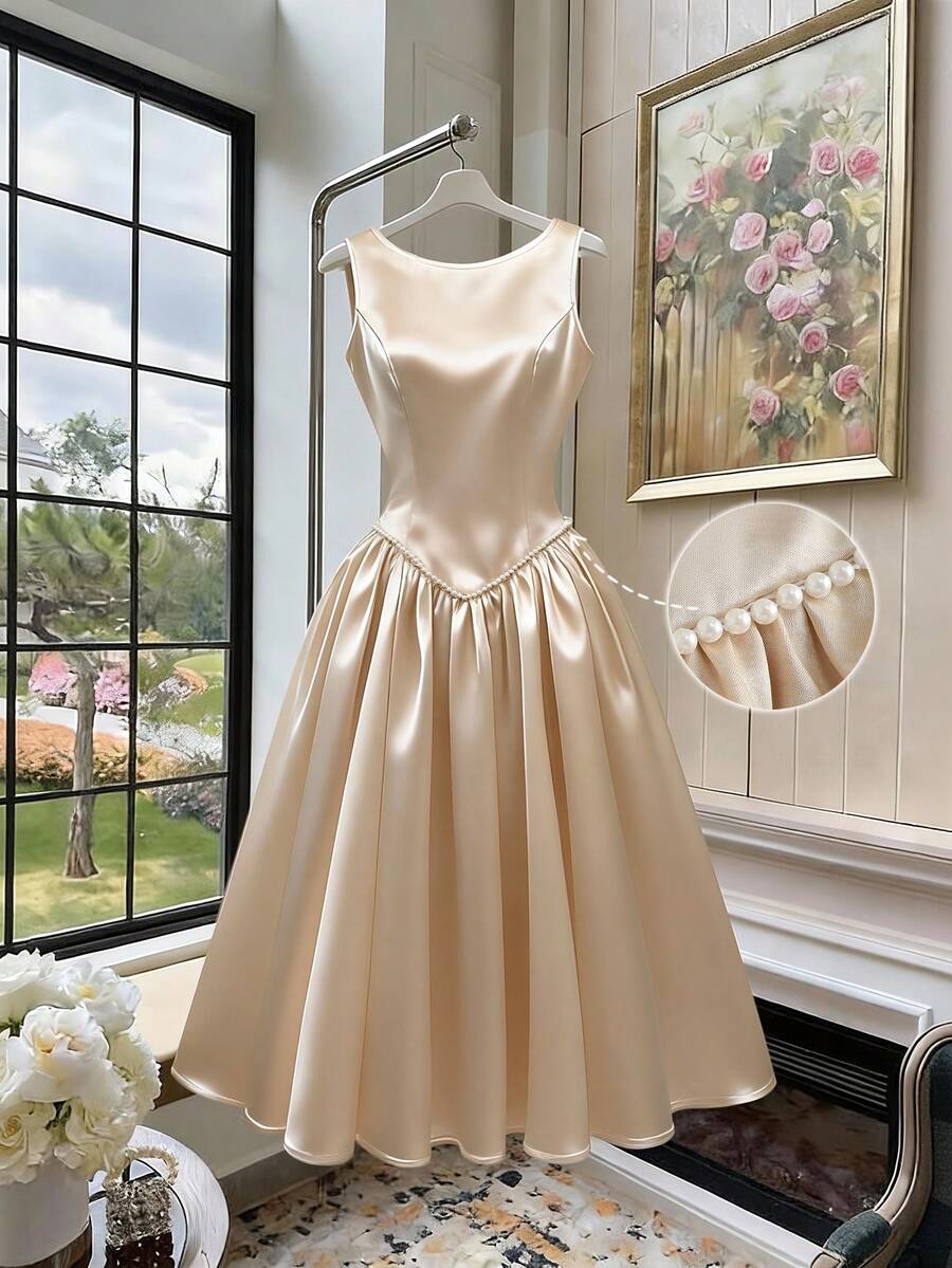 GlowEve Women's Sleeveless Waist-Cinched Pearl Ribbon Decor A-Line Dress, Suitable For Dates, Parties, Outings, Solid Color, Champagne, Lustrous Fabric, Elegant Long Dress - Champagne - View 1
