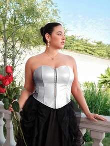 SHEIN MOD Plus Size Women Red Date Night Fishbone Tight Corset Solid PU Leather Tube Top - Silver - View 8
