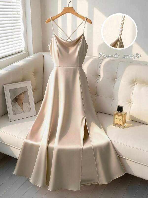 GlowEve CURVE Plus Size Women Apricot Minimalist Elegant Draped Neck Beaded Slit Maxi Dress