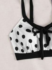 Swim Lushoire 2pcs/Set Women White With Black Polka Dots Bikini,High Waist Tummy Control Swimwear,Bowknot Off Shoulder Backless Summer Tropical Holiday Beach - Black and White - View 5