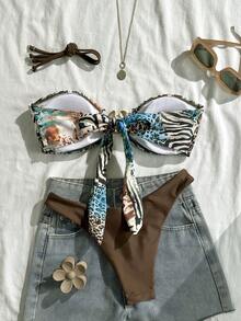 Swim Vcay Spring/Summer Digital Print Wireless Top And High Cut Swim Shorts Women Beach Holiday Casual Swimwear Set - Multicolor - View 2
