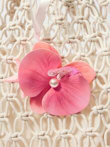 ROMWE Kawaii 时尚纯色珍珠镂空DIY发夹蝴蝶结甜美风格编织假日风单肩女包 - 米色 - 查看 4