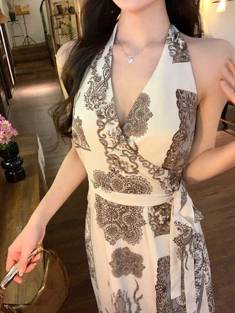 Women's Minimalist Print Halter Dress Summer Boho