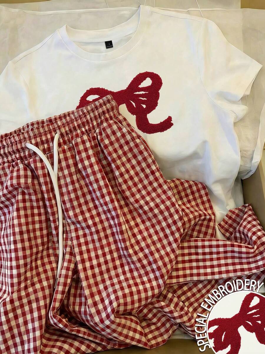 INAWLY Women's Bow Print Round Neck Short Sleeve T-Shirt And Plaid Drawstring Waist Pants Casual Suit - Red and White - View 1