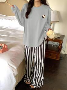 DAZY 两件套狗狗图案宽松长袖T恤和条纹直筒长睡裤套装，女士春季睡衣 - 藍色 - 查看 4