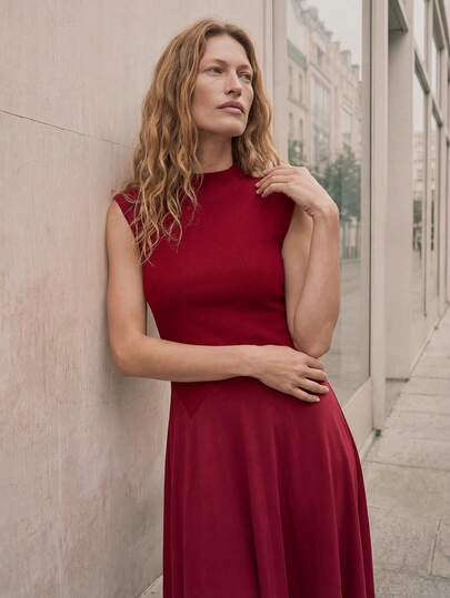 Maija Women's Solid Color Stand Collar Cap Sleeve Elegant Midi Commuter Dress