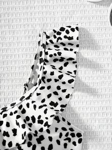 SHEIN Tween Girls' Summer Fashion Beach Vacation Polka Dot Floral Print Ruffle Trim Bikini Set - Black and White - View 3