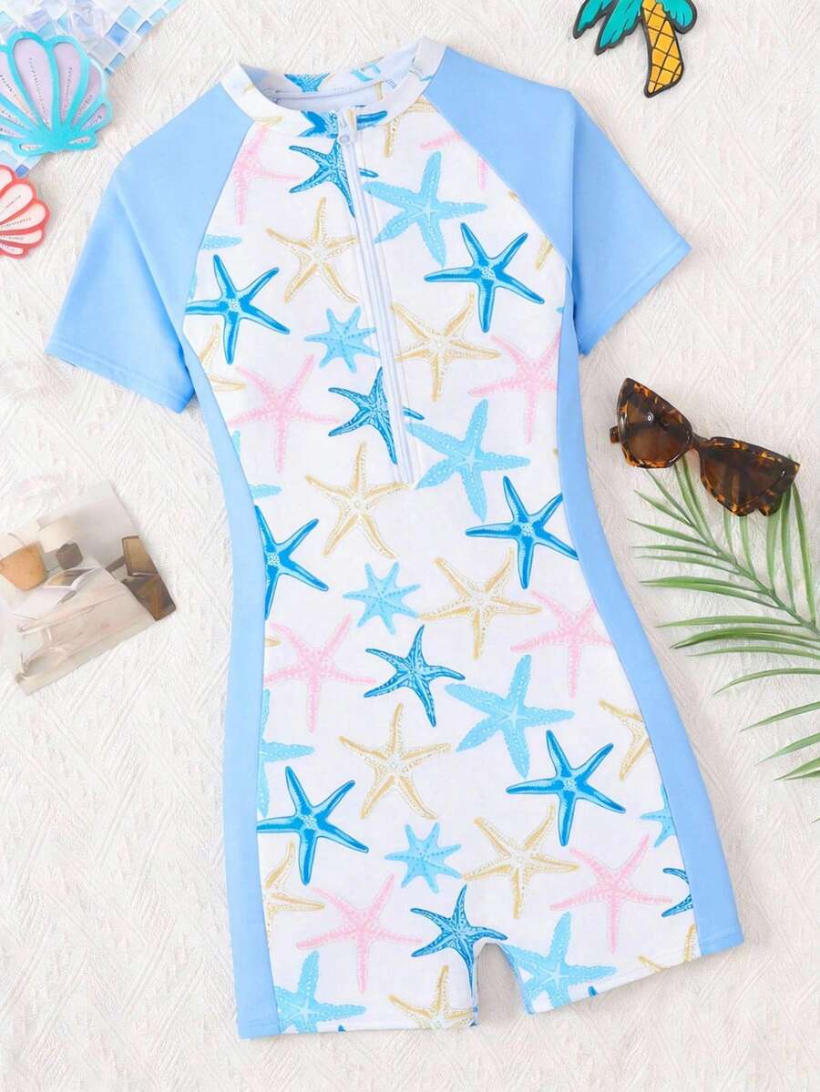 SHEIN Teen Girls Starfish Print One Piece Swimsuit,Summer Beach Holiday Modest Short Sleeve Rash Guard Bathing Suit For Tweens Young Girls With Zipper - Multicolor - View 1