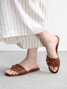 CUCCOO BIZCHIC Women's  Black/Brown Gold Buckle Slide Sandals Contrast Stitching Flat Slippers Casual Summer Daily Shoes - Brown - View 4