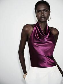 Lumivelle 女士性感针织垂褶领露背连体衣，金属环设计，收腰，修身，春夏款 - 紫色 - 查看 7