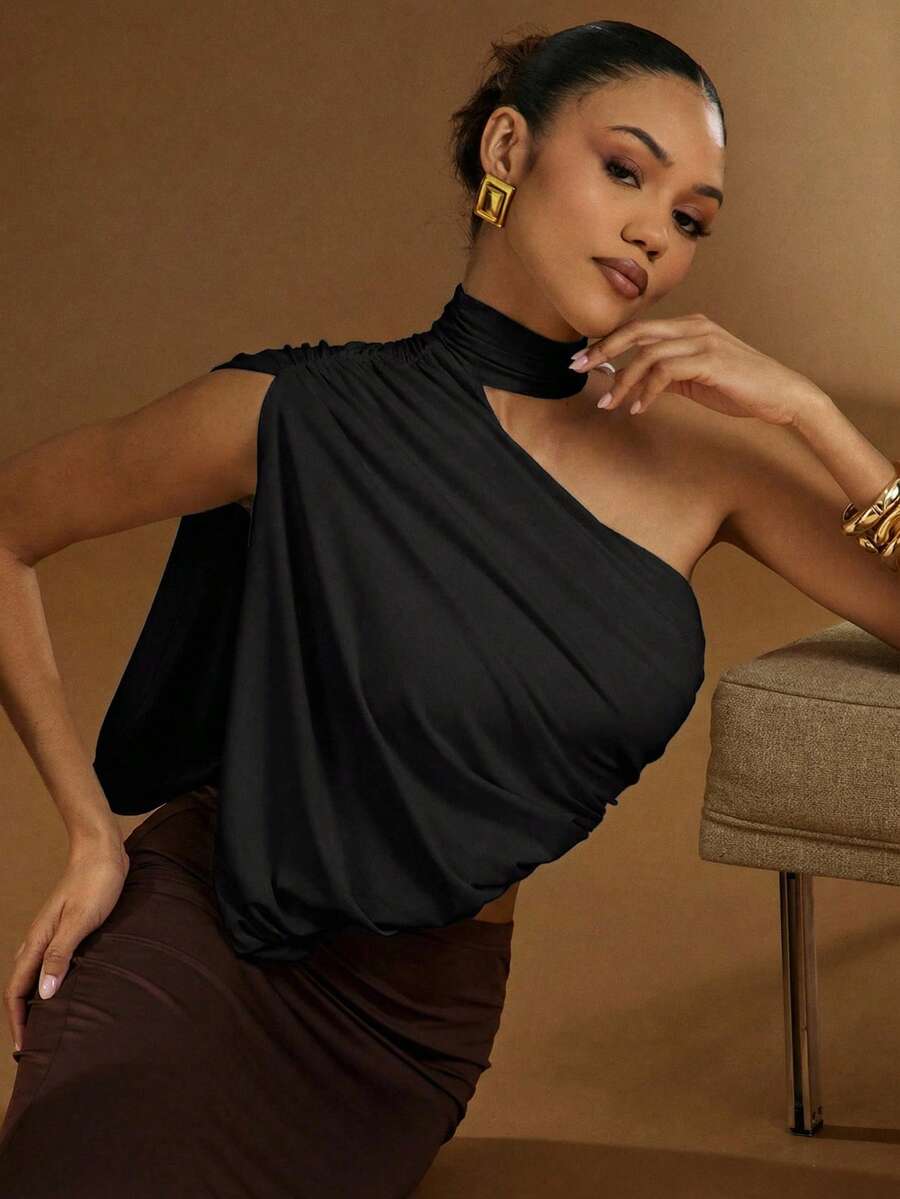 Hauture Women's Sexy One Shoulder Drape Ruched Detail Cut Out Top - Black - View 1