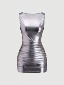 Sweetra New Fashion Wine Red Coated Elastic Fabric Off-Shoulder Ruched Waist Slim Fit Mini Dress, High Neck Ruffle Detail, Suitable For Club Party, Cocktail, Commute, Daily Wear In Autumn/Winter Sexy Curve Dress - Silver - View 3