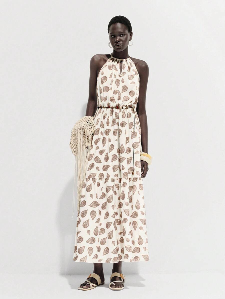 Lumivelle Women's Vacation Cashew Floral Print Ruffle Hem Halter Neck Dress - Apricot - View 1