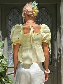 MainGRL New Cottagecore Style Light Yellow Solid Color Puff Sleeve Peplum Traceable Cotton Blouse, Ruffled Square Neck Tie Cuff Flowy Top, Summer Vacation Beach & Daily Streetwear, Business Cute Romantic Casual Babydoll Top Versatile For Multiple Occasions, Suitable As Basic Matching - Light Yellow - View 2
