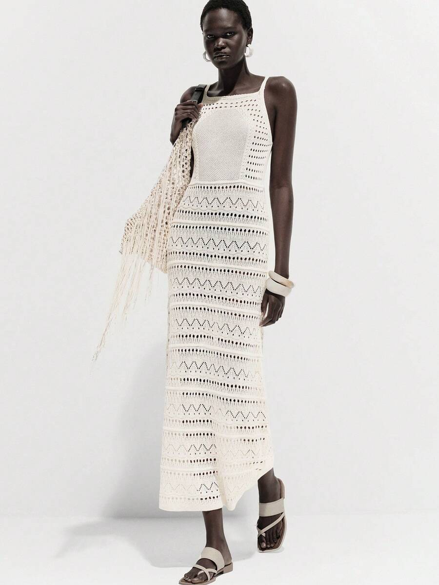 SHEIN Luminelle New Hollow Out Sheer Vacation Spaghetti Strap V-Neck Sleeveless Knit Dress - Beige - View 1