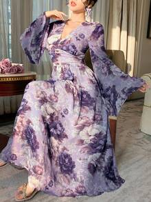 DAZY Women's V-Neck Floral Elegant Full Print Flowing Dress Sundress Boho - Purple - View 7