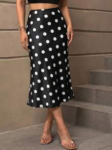 SHEIN BAE 女士波点印花高腰优雅鱼尾裙，夏季女装 - 黑色 - 查看 4