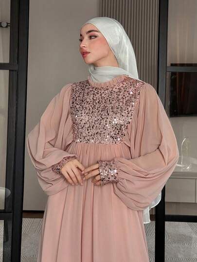 DAZY Women's Elegant Sequin Patchwork Frill Trim Petal Sleeve Mid-Length Dress, Summer