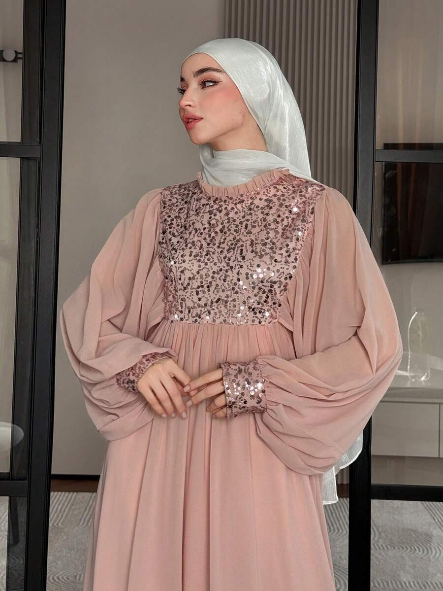 DAZY Women's Elegant Sequin Patchwork Frill Trim Petal Sleeve Mid-Length Dress, Summer - Baby Pink - View 1