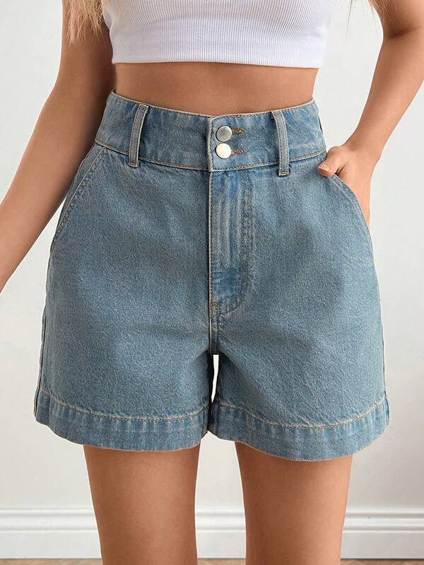 SHEIN Shorts jeans femininos de cintura alta, folgados, casuais e versáteis.