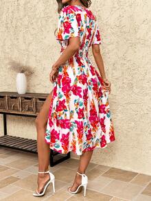 SHEIN Clasi 女士印花V领荷叶边袖侧开衩下摆优雅连衣裙，适合度假穿着 - 玫紅色 - 查看 8