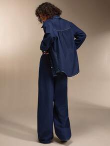 SHEIN Denim Summer Two Pieces Denim Set Elastic Thin Fabric Pant And Embroidery Shirt - Dark Wash - View 2