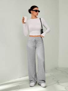 SHEIN Tall 女士休闲条纹低腰抽绳运动裤，阔腿瑜伽/家居裤，秋冬季适合外出穿着 - 淺灰色 - 查看 6