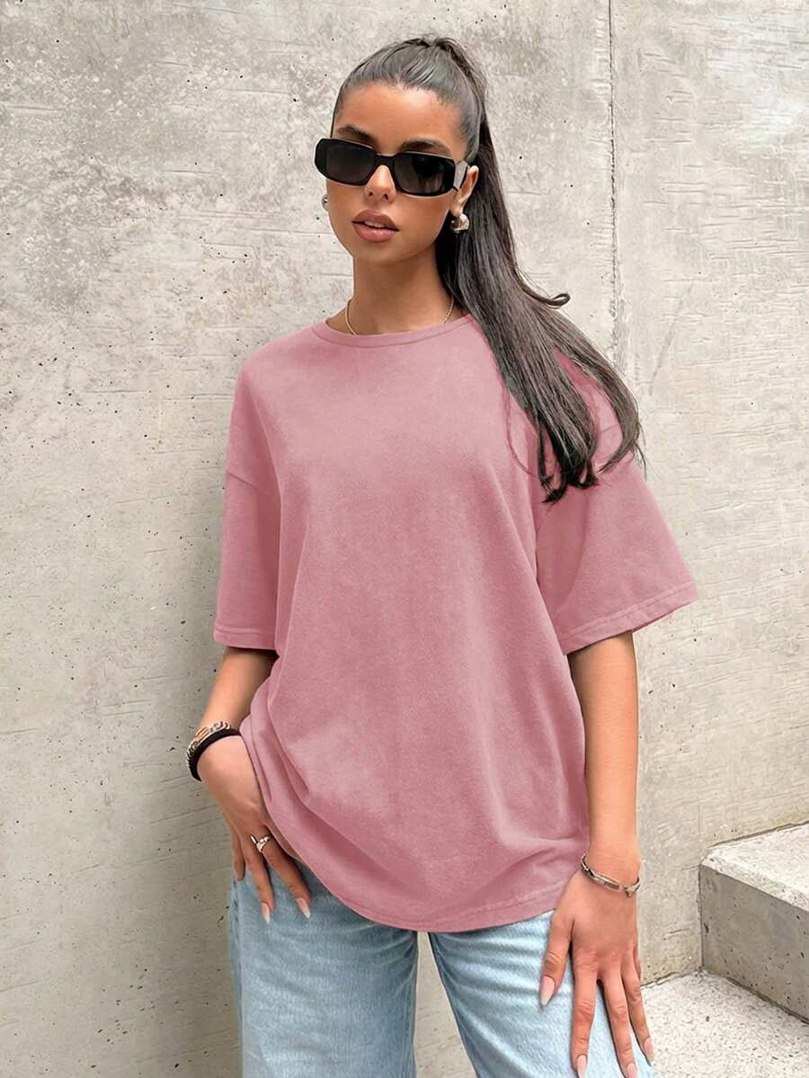 SHEIN EZwear 宽松纯色圆领落肩短袖休闲T恤,莲藕粉色 - 藕粉色 - 查看 1