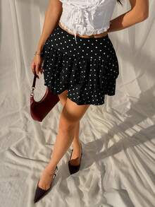 SHEIN EZwear 女士休闲波点印花荷叶边A字裙 - 黑色 - 查看 4