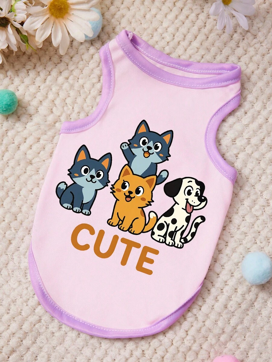 PETSIN 1 Piece Cute Orange Cat Spotted Dog Letter Printed Pet Vest Purple Edging Skin Friendly Breathable Pet Clothing - Multicolor - View 1