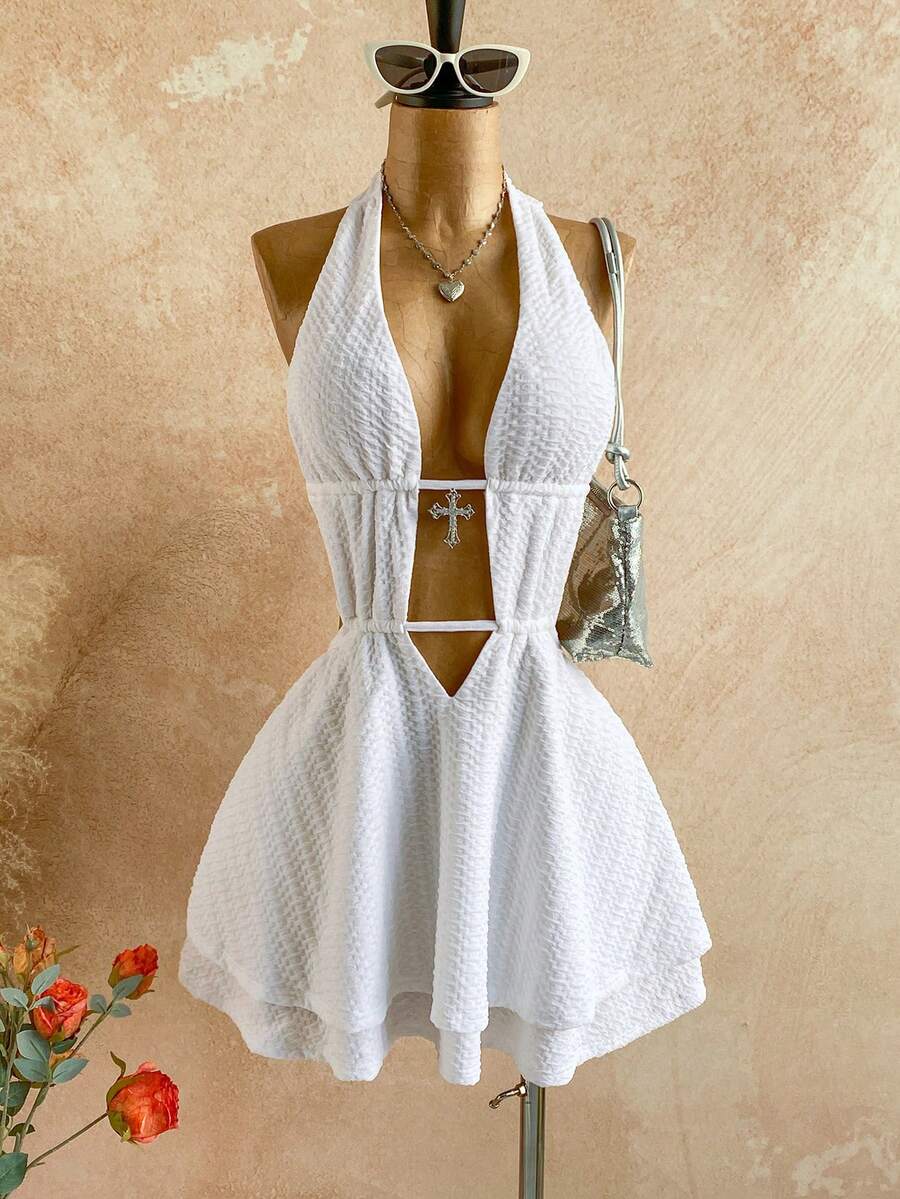 Soleia Women's White Hollow Lace-Up Metal Decor Halter A-Line Mini Dress,Retro 70s Party Club Summer Beach Vacation Outfits,Music Festival Resort Wear - White - View 1
