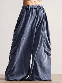 Bohemela Celana Rajut Longgar Warna Polos Kasual Wanita dengan Motif Dicuci - Navy Blue - View 2