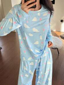 DAZY 两件套可爱小狗图案宽松长袖T恤和直筒长裤睡衣套装，春季女士睡衣 - 淺藍色 - 查看 4