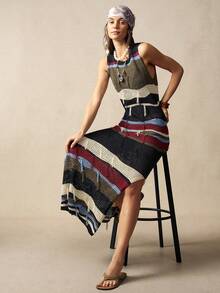 Bohemela Women Striped Round Neck Sleeveless Side Slit Hem Knitted Dress - Multicolor - View 3