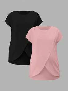 Modmama 夏季两件套休闲宽松哺乳T恤，适合孕妇和哺乳期妈妈穿着。纯色圆领短袖休闲舒适透气哺乳上衣 - 彩色 - 查看 4