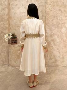 Dazy Kids Tween Girl Applique Decor V-Neck Long Sleeve Elegant Dress - White - View 7