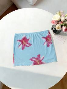 GlowEve Women's Casual Elegant Mesh Printed Ruched Bodycon Skirt, Suitable For Vacation & Beach - Blue - View 3