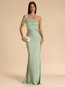 SHEIN BAE Spring & Summer Green Sexy Asymmetrical Shoulder Strapless Sheer Mesh Extra Long Satin Mermaid Dress, Bridesmaid Dress, Satin Dress, Sexy Dress, Party Cocktail Dress, Birthday Mini Dress - Green - View 1
