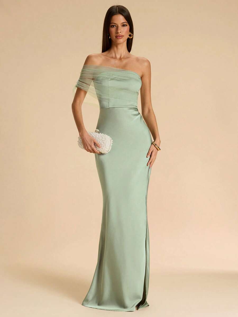 SHEIN BAE Spring & Summer Green Sexy Asymmetrical Shoulder Strapless Sheer Mesh Extra Long Satin Mermaid Dress, Bridesmaid Dress, Satin Dress, Sexy Dress, Party Cocktail Dress, Birthday Mini Dress - Green - View 1