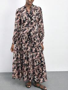 Maija 女士连衣裙，优雅腰带设计，佩斯利花纹和花卉印花，适合春夏海滩度假，黑色和粉色 - 彩色 - 查看 7