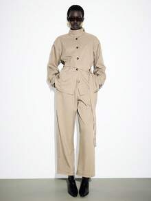 Lumivelle 2pcs/Set Women's Spring/Autumn Stand Collar Drop Shoulder Belted Top And Matching Wide Leg Pants, Fashionable Business Casual Outfit - Khaki - View 7