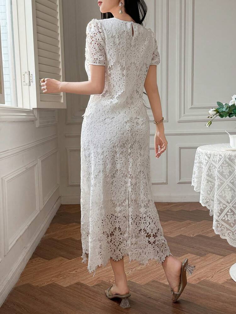 Women's Elegant Lace Round Neck Puff Sleeve Top And Skirt 2-Piece Set, Spring/Summer,Wedding Guest Dress Women