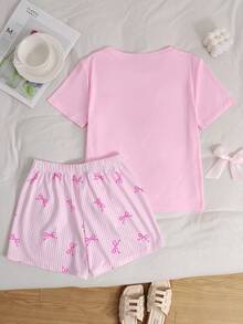 SHEIN Tween Girls' Pink Casual Loose Butterfly Print Loungewear Set, Summer - Baby Pink - View 2