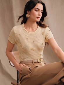 Anewsta Women's Modern Round Neck Metal Embellished Short Sleeve Blouse - Beige - View 7