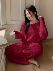 Dazy Plus 2pcs Plus Size Women Elegant Ditsy Floral Loose Pajama Set, Includes Top And Pants, Suitable For Spring, Summer, Autumn - Red - View 6