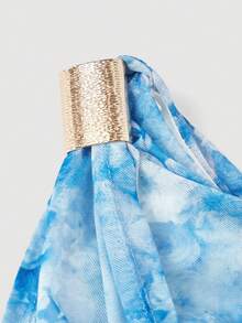 SHEIN MOD 女士优雅印花不对称领口修身中长连衣裙，夏季 - 藍色 - 查看 3