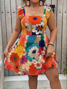 SHEIN VCAY Plus Size Women's Backless Floral Print Sexy Dress, Summer - Multicolor - View 3